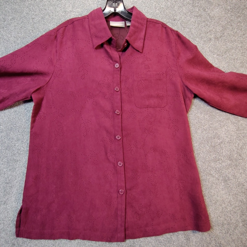 Croft and Borrow Womens Shirt Burgundy M Schiffli Long Sleeve Button Up Collared